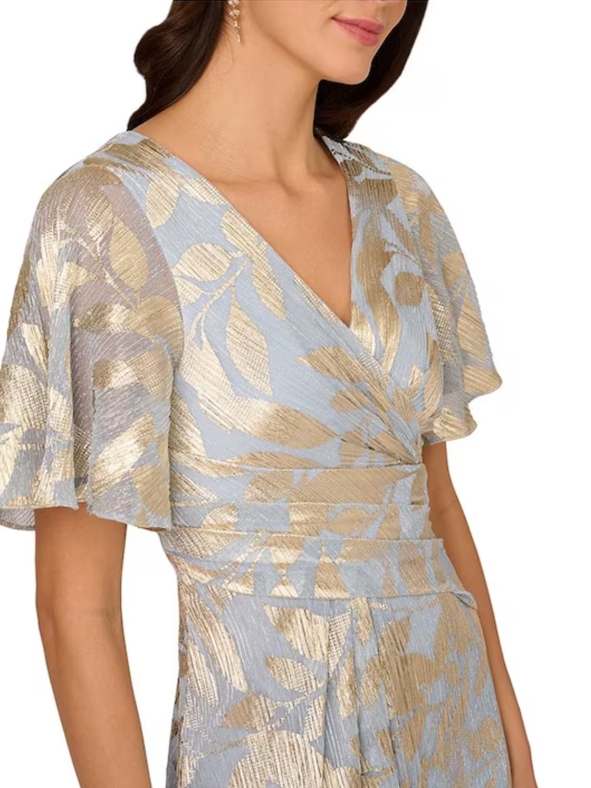 Light Blue And Gold Metallic Floral Wrap Dress